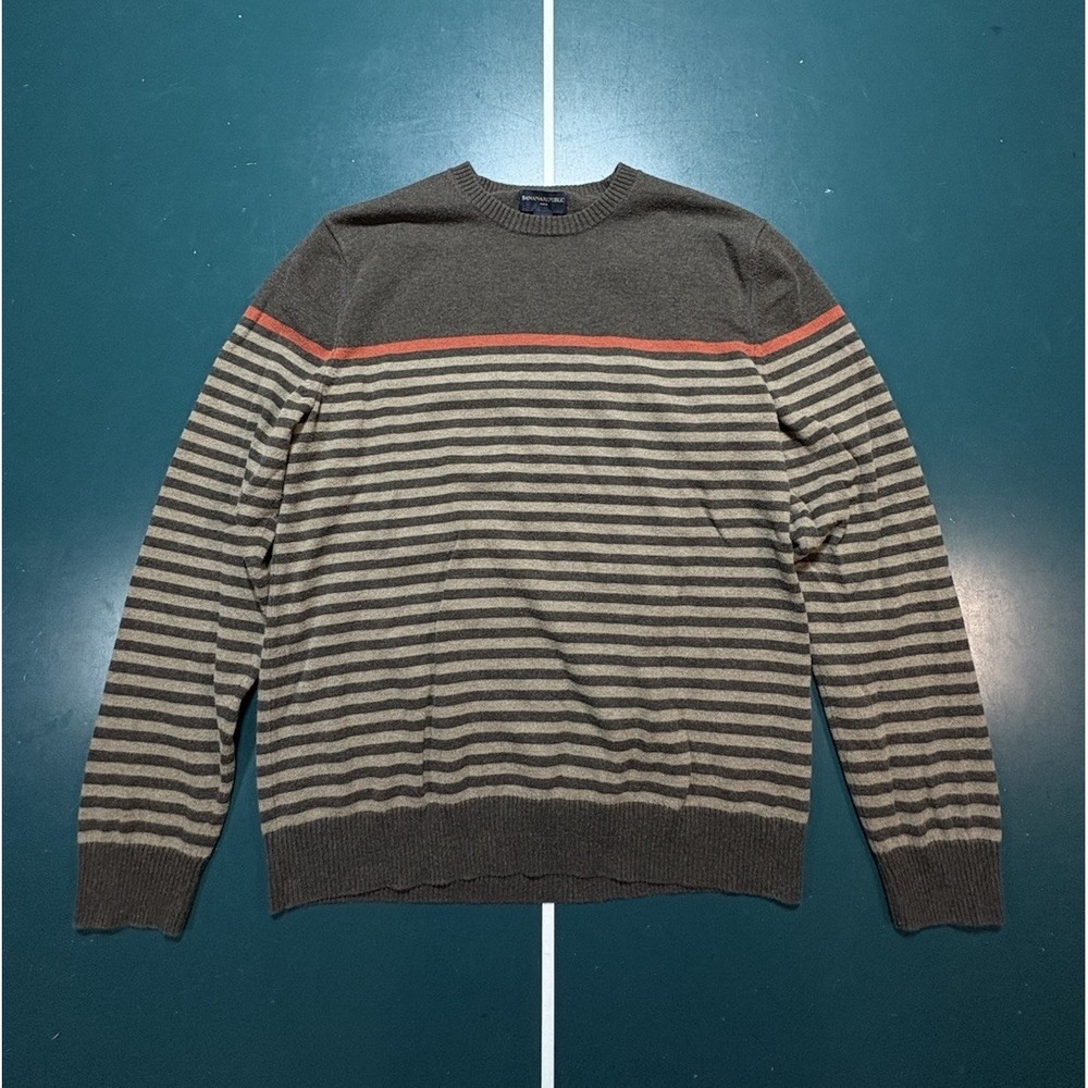 Banana Republic Sweater Men's Medium Brown Striped Cotton Crewneck Pullover
